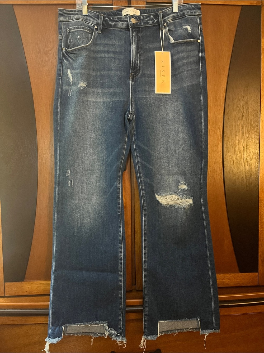 NWT Risen Distressed & Whiskered Dark Wash Jeans w/Cut Out Hem Detail & Stretch